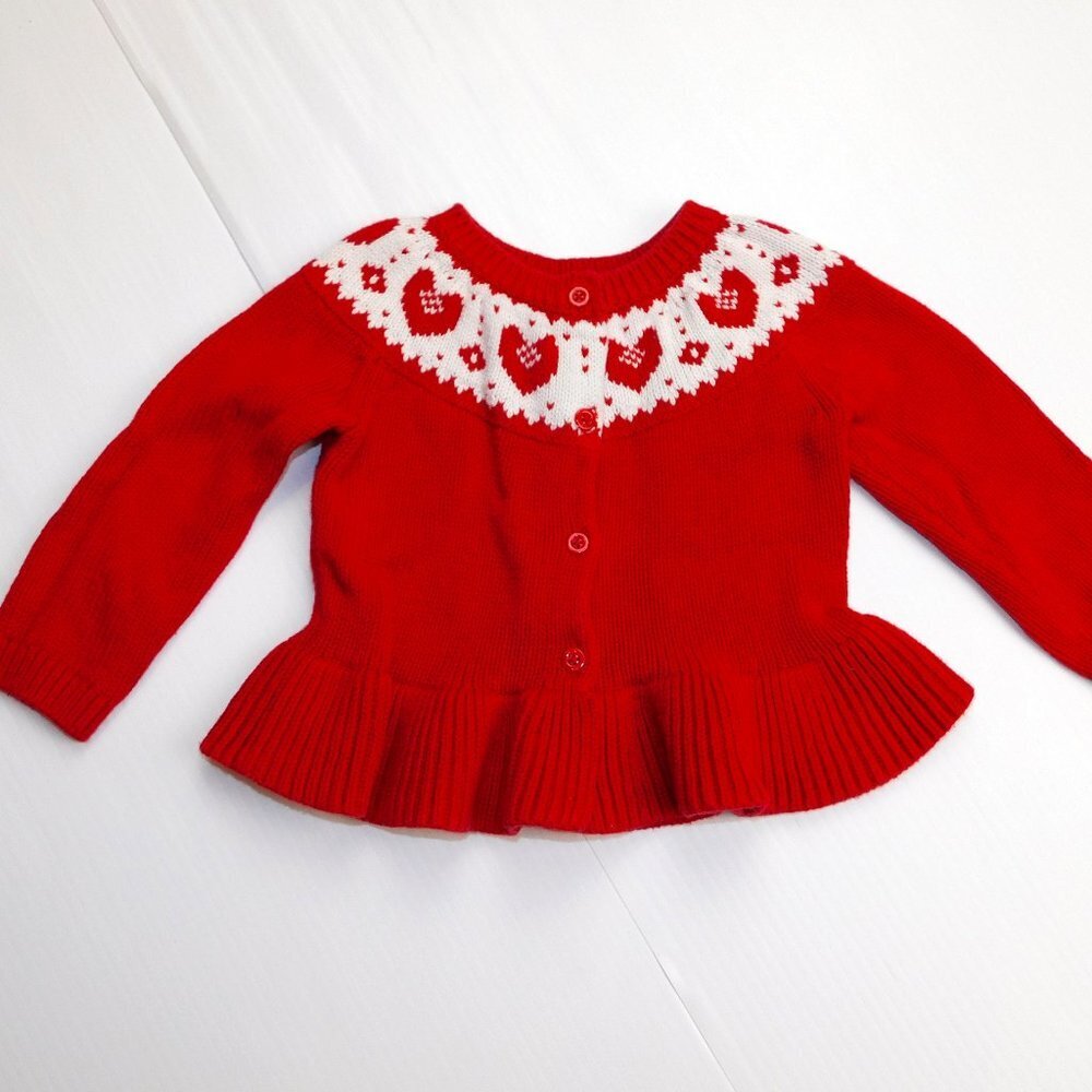 GAP Red White Hearts Cardigan Sweater Ruffle Hem Baby Girls 6-12 Months